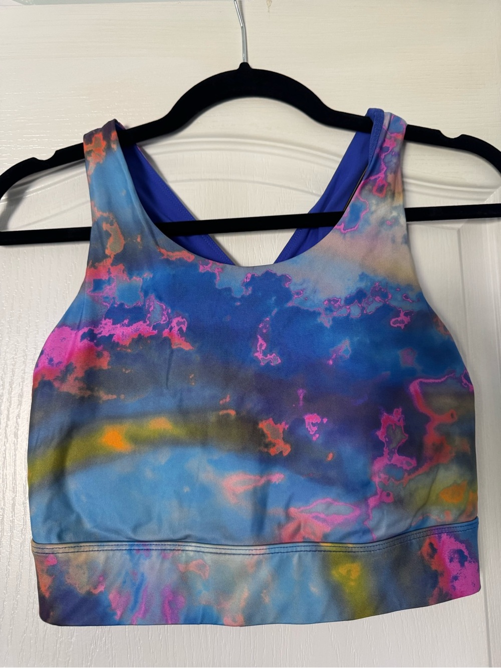 Fabletics Multicolor Marble-Print Sports Bra - Blue, Pink, Yellow